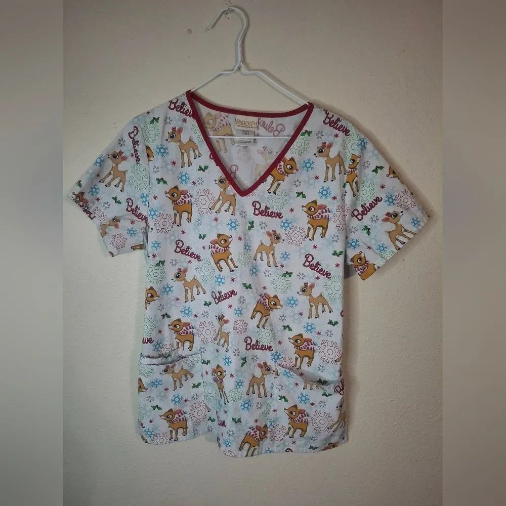 Rudolph Christmas Scrub Top size small